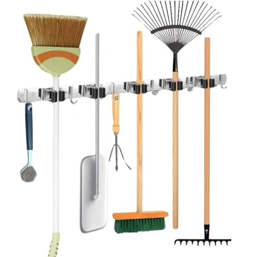 Recalma Besenhalterung Wand, Gartengerätehalter Edelstahl mit Wandhalterung, Garage Werkzeughalter Wand, Wandhalterung Besen Mop Halter Selbstklebend Werkzeughalter Organizer mit 5 Halter und 6 Haken