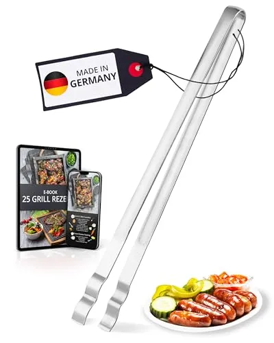 Thiru Premium Grillzange Edelstahl - für Bratwurst, Spaghetti, Salat oder Gebäck - sicherer Halt beim Wenden (34cm - gebogen)