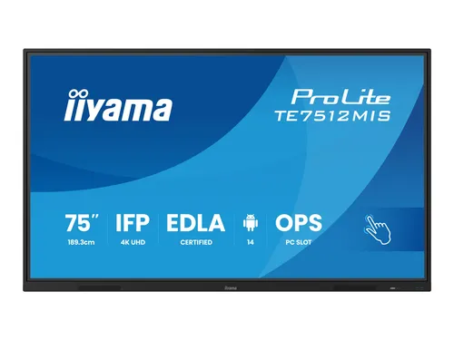 Iiyama ProLite TE7512MIS-B4AG, 75 Zoll 4K Touchscreen - 75 Zoll interaktives 4K UHD Display mit 40-Punkt-Touchscreen, ideal für Bildung und Unternehmen. 24/7 Betriebszeit und integrierter Mediaplayer für durchgehende Nutzung.
