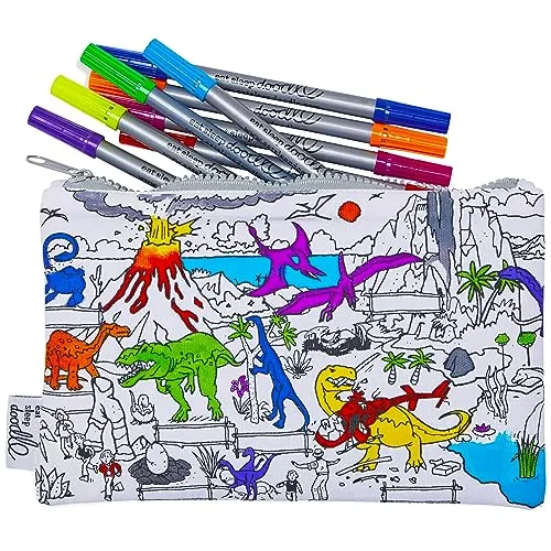 eatsleepdoodle Dinosaurier-Mäppchen zum Ausmalen aus Baumwolle mit auswaschbaren Stoffstiften - Ausmalen und Lernen