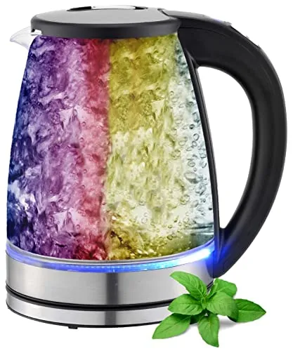 Glas Wasserkocher 1,8 Liter – 2200 Watt mit Temperaturwahl - Wasserkocher aus Glas und Edelstahl, punktgenaue Temperatureinstellung von 60°C-100°C, Warmhaltefunktion und LED Farbwechsel für stilvolles Kochen.