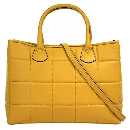 Henkeltasche CLUTY - Damen Leder Shopper in Gelb - Handtaschen aus 100% italienischem Rindleder mit modernem Steppmuster. A4-geeignetes Hauptfach, ideal für Ordnung und Sicherheit. Perfekt für Shopping und Casual-Outfits.