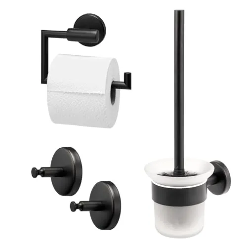 bremermann Bad-Serie Piazza Black 3-teiliges Set - Elegantes Badezimmer-Zubehör-Set aus rostfreiem Edelstahl in mattem Schwarz. Enthält Toilettenpapierhalter, Ersatzrollenhalter und zwei Handtuchhaken für praktische Aufbewahrung und stilvolle Ordnung.