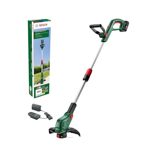 Bosch Akku-Rasentrimmer UniversalGrassCut 18V-26-500 - 18V, 2.0 Ah Akku und Ladegerät inklusive, halbautomatische Spule für müheloses Rasentrimmen und Kantenschneiden