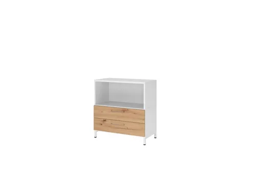 Regal FlexWall 2 Schübe 2OH Sockel in Weiß/Asteiche - Büroschrank mit 2 Schubladen und höhenverstellbarem Sockel, ideal für flexible Aufbewahrung. Mit Threespine Click-Technologie für einfache Montage!