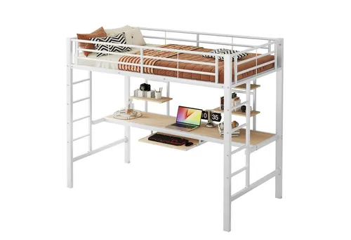 SOFTWEARY Hochbett mit Schreibtisch, Regal, Rausfallschutz und Lattenrost (90x200 cm) Metallbett, Kinderbett