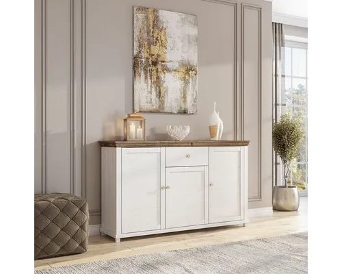 Helvetia Sideboard Elda, 160cm pinie weiß / Eiche Ribbek 3-türig mit 1 Schublade