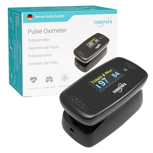 EUROPAPA Pulsoximeter,Fingerpulsoximeter,Oximeter ideal zur schnellen Messung der Sauerstoffsättigung (SpO2)-Einfacher Pulsmesser für Erwachsene–OLED Anzeige (Schwarz)