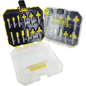 FAMAG HM-Fräsersatz 12-teilig in Kunststoffbox, Sh 8 - Frässtifte: Hochwertiger 12-teilig HM-Handoberfräser-Satz mit Kugellagern für präzise Ergebnisse, ideal für professionelle Holzarbeiten.