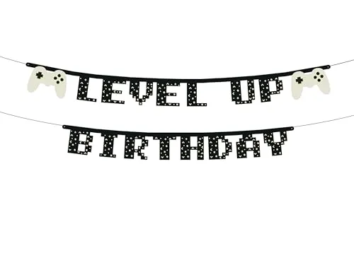 PartyDeco Geburtstagsgirlande 13x250cm - Gamepad Girlande Level Up Birthday - Deko Banner Kindergeburtstag Gaming Geburtstag - Schwarz