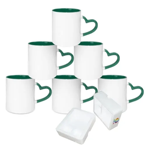 MR.R Sublimationstassen aus Keramik für Spülmaschinen, blanko, beschichtete Tasse, Sublimationstassen, klassische Tasse mit dunkelgrünem Innenbecher und Herzgriff, 334 ml, 6er-Set