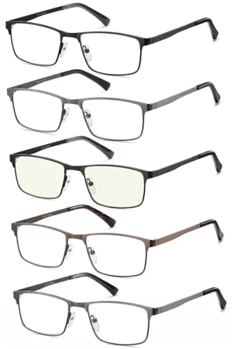 Amcedar 5 stuks Lesebrille Herren Rechteck Rahmen Metall Grau Edelstahl Material Federscharniere Enthalten Computer Lesebrille 2.50