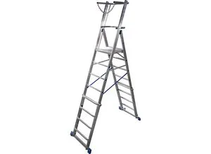 Krause Podestleiter Stabilo, klappbar & fahrbar mit 8 Sprossen - Leiter für bis 150 kg, maximale Arbeitshöhe 4,10 m. Höhenverstellbar durch ClickMatic-System, ideal für sichere Arbeiten in der Höhe.