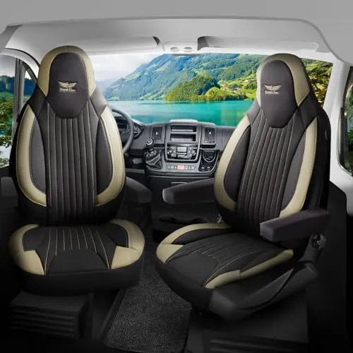 RC Royal Class Pilotensitzbezug Sitzbezüge Schonbezug Set passend für Wohnmobil Ducato Camper Hymer Pössl Bürstner Laika Fendt Zubehör (Vordersitze, Pilot 718, Schwarz Beige L15)