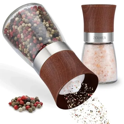 Zolmer® Salz und Pfeffermühle Holzoptik 2er Set – Pfeffermühle Holz groß mit Keramikmahlwerk – Nachfüllbarer Salzstreuer aus Glas ＆ Holz, manuell einstellbar