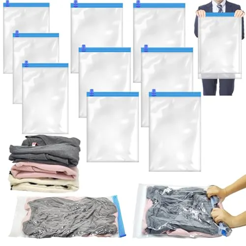 VORHOT 10 Stück Vakuumbeutel für Kleidung Reise, Wiederverwendbar Vakuumbeutel für Koffer, Vakuum Reisebeutel 3PCS 60x40cm + 3PCS 50x40cm + 4PCS 50x35cm