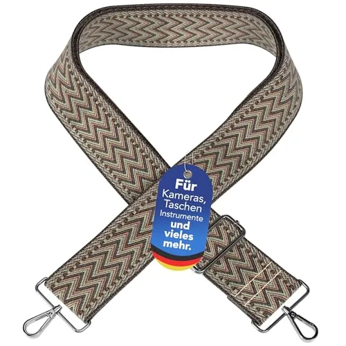 EAZY CASE - Verstellbarer Taschengurt, Ersatz Gurt für Handtaschen, Schulterriemen für Umhängetaschen, breiter Riemen für Taschen und Tragetaschen, DIY Taschenband, Zig Zag - Taupe Metal Silber