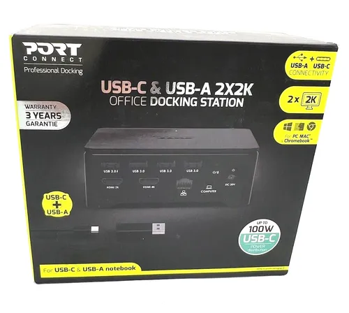 PORT Connect Office Docking Station 901908 -W-EU - USB-C und USB-A Dockingstation für vielseitige Anschlussmöglichkeiten, ideal für Home Office und Büroarbeit.