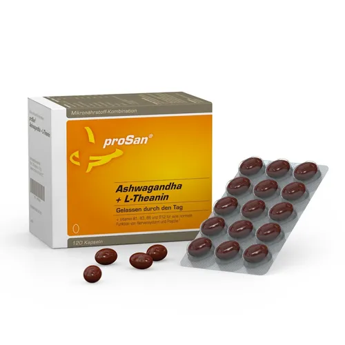 proSan Ashwagandha + L-Theanin Kapseln, 120 St. - Nahrungsergänzungsmittel mit 24% Blattextrakt und 16% Wurzelextrakt, ideal zur Unterstützung der inneren Ruhe und für den täglichen Gebrauch.
