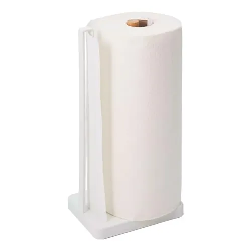 Yamazaki 3259 Tosca Küchenrollenhalter, weiß, Stahl/Holz, minimalistisch, 15.5 x 11.5 x 31 cm