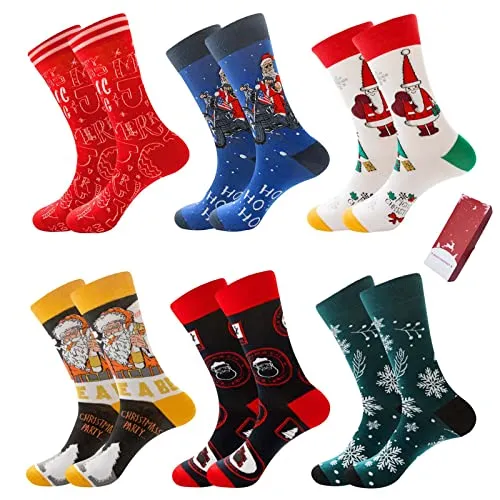 Herren Socken Weihnachten 6 paar Lustige Bunte Weihnachtssocken ​Winter Warm Baumwolle Socken als Weihnachtsgeschenke für Manner ( 39-46 )