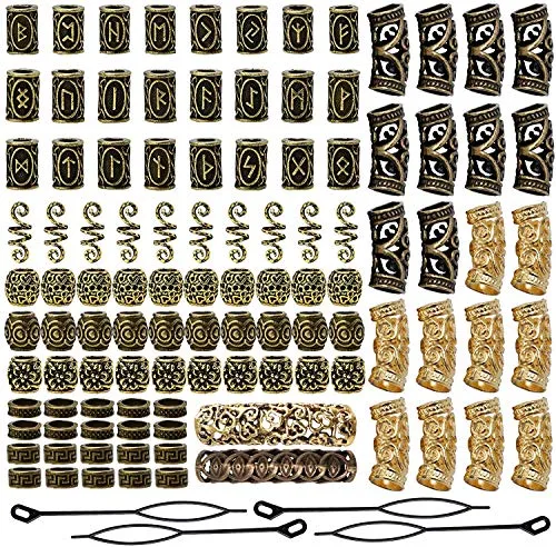 Queta Wikinger Rune Perlen, Nordic Bartperlen, Flechtperlen, Haarperlen, Haarverlängerung Nadel Einfädler Schlaufennadel Microringnadel für Haar Bart Schmuck DIY Halskette Halskette Anhänger (Golden)