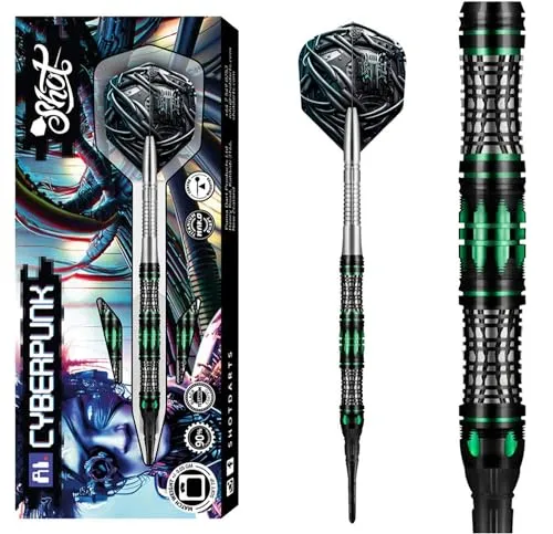 Shot! Soft Darts AI Cyberpunk Match Dart 90% Tungsten Softtip Darts | Soft Dart Hochwertiges Tungsten Dart Set mit Schäften und Flights Made in New Zealand (20 Gramm)