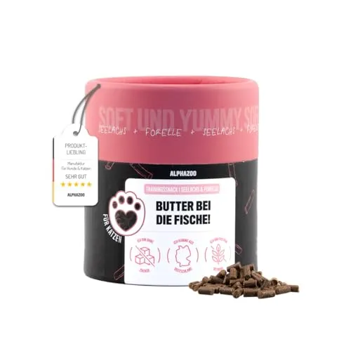 alphazoo Butter Bei Die Fische! 65g I Softe Leckerli Sticks Forelle + Lachs für Katzen I Extra fischig, Getreidefrei, Zuckerfrei I Natürliche Katzensnacks I Gesunde Katzenleckerlies zur Belohnung
