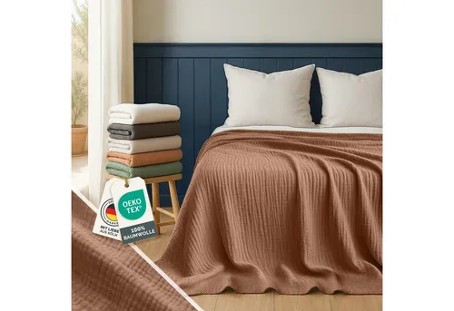 Blumtal Tagesdecke - Oeko-TEX zertifizierte Musselin Decke aus 100% Baumwolle - Tagesdecken im Boho-Stil aus 100% atmungsaktiver Baumwolle, weich und pflegeleicht. Ideal als Bettüberwurf oder leichte Sommerdecke, in 5 Farben und 2 Größen erhältlich.