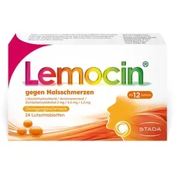 Lemocin gegen Halsschmerzen - Orangengeschmack, 24 ST - Arzneimittel zur Linderung von Halsschmerzen bei Erwachsenen und Jugendlichen über 12 Jahren. Mit antibakteriellen Wirkstoffen und schmerzlinderndem Lidocain für sofortige Erleichterung.
