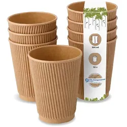 BIOZOYG 50 Stück Riffelbecher 300 ml / 12 oz Kaffee To Go Pappbecher, ungebleicht braun, Einwegbecher, Nachhaltig, Biologisch Abbaubar, Einwegbecher