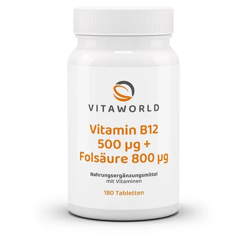 Vita World Vitamin B12 500µg+Folsäure 800 µg Hochdosiert 180 Tabletten Vegan