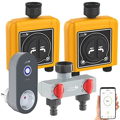 Royal Gardineer Bewässerungsautomat: WLAN-Bewässerungscomputer mit 2 Dual-Ventilen, 2-fach-Wasserverteiler (Bewässerung Systeme automatisch, Durchfluss Messgerät, Gartenschlauch)