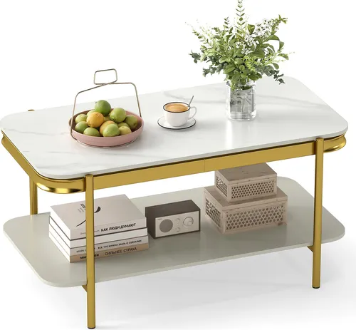 COSTWAY Marmor Couchtisch mit Metallrahmen, 90x50x45,5 cm, Weiß