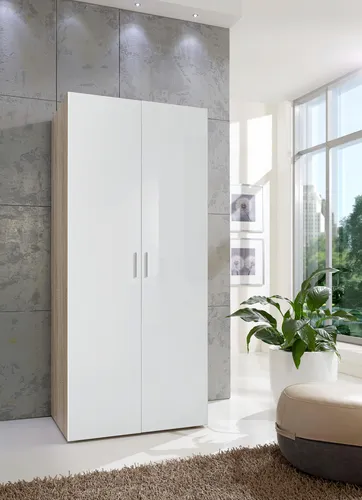 Kleiderschrank Malta von Wimex - 80cm Eiche Sägerau Weiß Hochglanz - Kleiderschrank für Erwachsene, modern und funktional mit Drehtüren und Kleiderstange, ideal für Ihr Schlafzimmer.