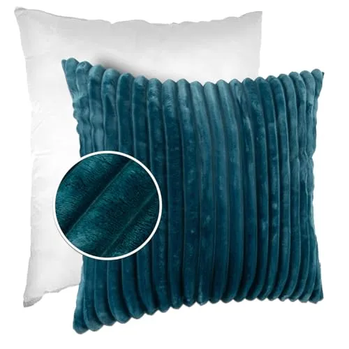 Dekokissen Kissenbezug Sofakissen Pillow Plüsch Kuschelkissen Zierkissen Cord Kissen Couchkissen Kord Kissenhülle ultraweich gestreift Lilli 40x40cm mit Füllung Türkis