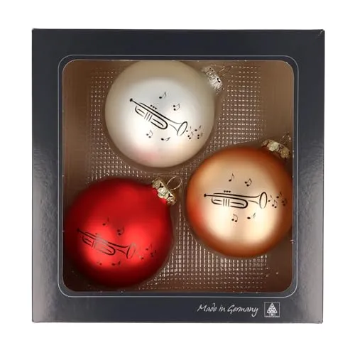 3er-Set Weihnachtskugeln mit Trompete-Druck, Musik-Design, (Altgold/Rot/Silber matt)
