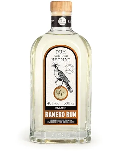 RAMERO Blanco Rum 46% vol – Premium Weißer Rum aus Deutschland | mild mit Honig- & Kokosnoten | Zuckerrohr aus Guyana, in Deutschland gereift | ideal für Mojito & Cuba Libre | 500ml, Gold Award 2022