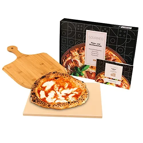 GOURMEO Pizzastein für Backofen Set mit Bambusschaufel - 38x30cm - Pizzastein für Backofen und Grill, sorgt für knusprige, aromatische Pizza wie beim Italiener, mit langlebigem Cordierite für Temperaturen bis 800 °C und praktischer Bambusschaufel im Set.