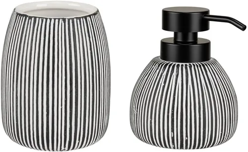 WENKO Seifenspender Set Pascoli, schwarz/weiß, Keramik, 0.5L - Sonstige Badaccessoires: Elegantes Set mit freistehendem Seifenspender und Zahnputzbecher in modernem Schwarz-Weiß Design, ideal für funktionale und stilvolle Badezimmergestaltung.