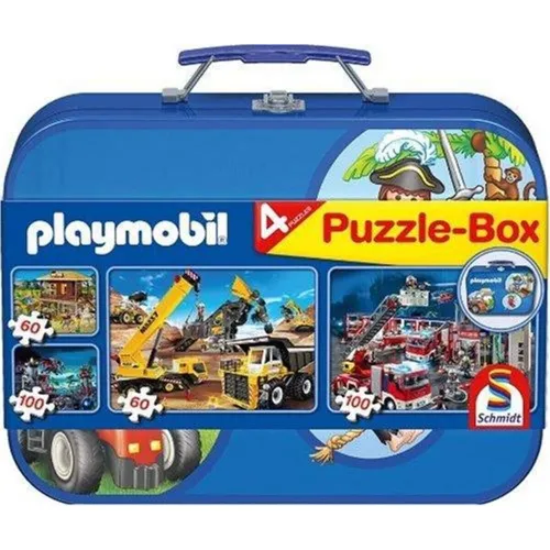 Schmidt Spiele Puzzle - Box im Metallkoffer Playmobil - 2x60 und 2x100 Teile, kreative Beschäftigung für Kinder ab 6 Jahren, ideal für unisex und fördert die Feinmotorik.