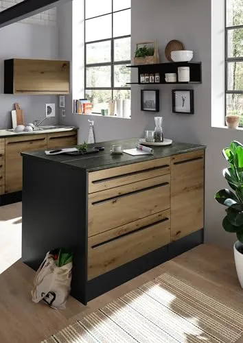 möbelando Jazz Moderne Kücheninsel mit Arbeitsplatte in Artisan Eiche Optik - MODERNES DESIGN - Die freistehende Kücheninsel in Anthrazit mit Artisan Eiche Optik und Metallic Grau Arbeitsplatte bietet viel Stauraum. Ideal für jede Küche. Schnelle Montage dank einfacher Anleitung.