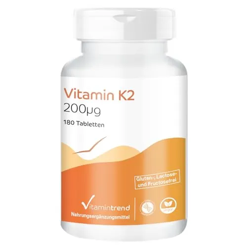 Vitamintrend Vitamin K2 200µg, 180 Tabletten, schluckfreundlich, Nahrungsergänzungsmittel vegan ohne Magnesiumstearat, in Deutschland hergestellt