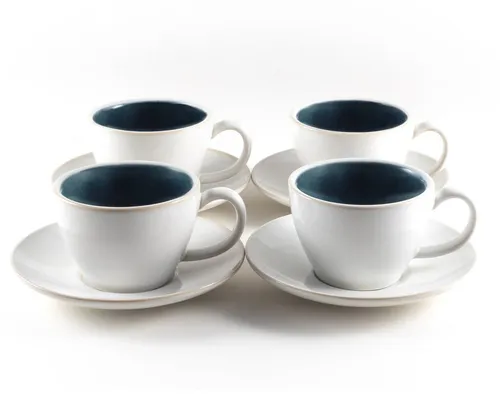 Hanseküche Cappuccinotasse 4er Set - Thermobehälter aus dickwandigem Steingut für optimale Wärmespeicherung, ideal für Cappuccino, Latte-Macchiato und mehr, 180 ml Fassungsvermögen, stilvolles blau-weißes Design.