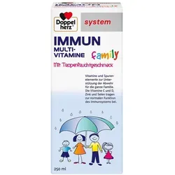DOPPELHERZ Immun flüssig family system 250 ml - Nahrungsergänzungsmittel mit Vitaminen, Selen und Zink im erfrischenden Tropenfruchtgeschmack – ideal zur Unterstützung des Immunsystems für die ganze Familie.