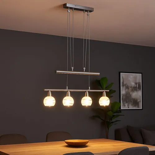Moderne Hängeleuchte aus Nickel und Glas - 4-flammige LED Pendelleuchte - Lampen - Stilvolle Hängeleuchte mit mattem Nickel und satiniertem Glas, höhenverstellbar und ideal für Esszimmer oder Wohnzimmer, inklusive 4x E14 LED-Leuchtmittel für warme 400 Lumen.