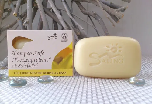 Saling Haarseife Weizenproteine mit Schafmilch 125 g - Shampoo-Seife für normales und trockenes Haar, mild und hautfreundlich, mit hochwertigen Inhaltsstoffen aus biologischem Anbau, COSMOS Organic zertifiziert.