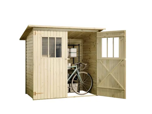 Alpholz Gerätehaus Holz Zimowit 14, BxT: 223x149 cm - Geräteschuppen aus 14mm Fichtenholz mit Doppeltür für einfachen Zugang. Flexibles Design, ideal zur Aufbewahrung von Gartengeräten. Lieferung ohne Boden, Zubehör erhältlich.