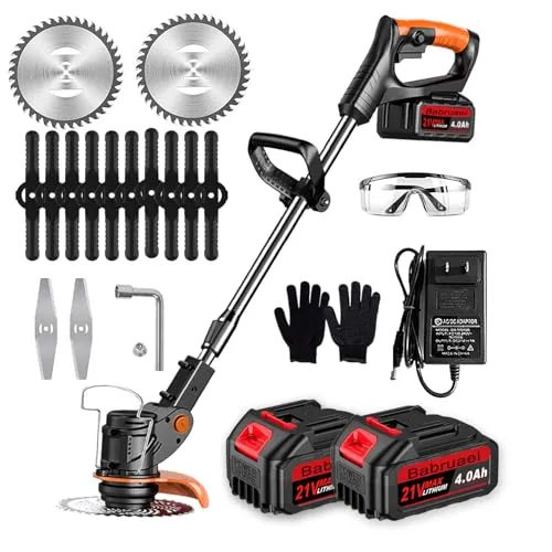rasentrimmer mit akku 3-in-1 Elektrischer Rasentrimmer und Motorsense - Verstellbarer (2 x 4000A Akku und schnelles Ladegerät), mit 3 Arten Klingen für Rasenschneiden Garten