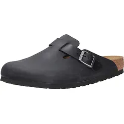 Birkenstock Boston Clogs Schwarz, 59461 - Clogs aus hochwertigem geöltem Nubukleder, anatomisch geformtes Kork-Latex-Fußbett für optimalen Tragekomfort und individuelle Anpassung durch verstellbaren Riemen.